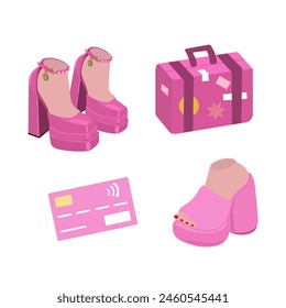 Pink icons set. Pink trendy set. Pink fashion high-heeled shoes, a pink credit card and a suitcase for travel. Glamorous vector illustration on a white background