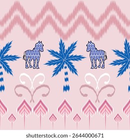 Palmeira Ikat rosa, padrão Zebras. Design perfeito. Ikat padrão sem emenda com zebras, palmeiras em um fundo rosa avermelhado. Ótimo para moda resort, design de tecido, padrões de superfície tropical.