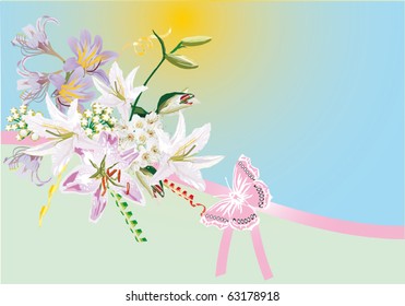 pink illustration with lily flowers and pink butterfly