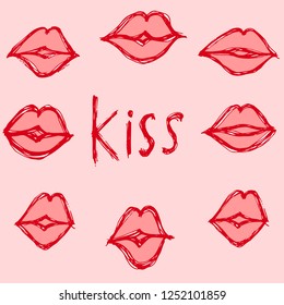 Pink illustration with text slogan. Kiss and hearts for postcard, banner, t-shirt.