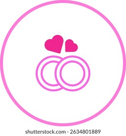 A pink illustration of two wedding rings intertwined with hearts, perfect for symbolizing love and marriage celebrations in various design projects.