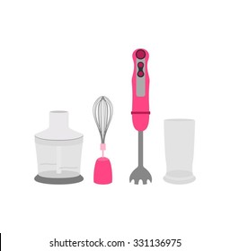 Pink immersion kitchen blender. Set vector illustration
