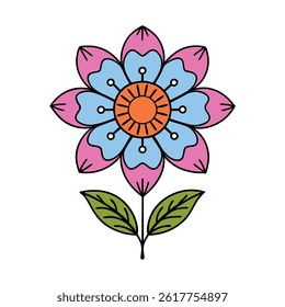 Pink Indian Flower Blue Bloom Botanical Retro Stylized Garden Tropical Colorful Flat
