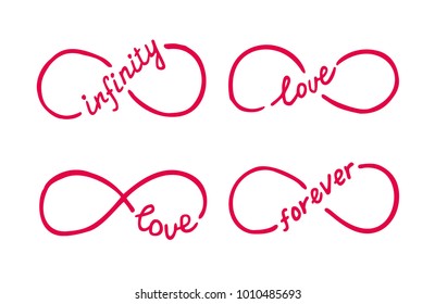 Pink infinity symbols with words love, infinity and forever, hand drawn with ink brush. Vector illustration