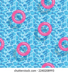 pink inflatable circles in blue water pattern