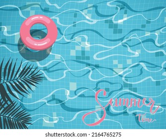 Pink inflatable donut swimming ring in a swimming pool with palm leaves shadow. Vector design illustration.
