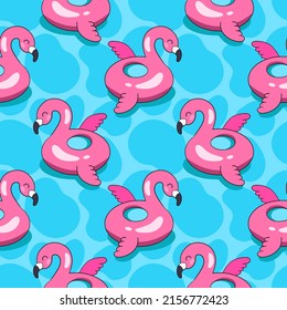 Círculo de flamingo rosado inflable, patrón de verano, patrón de vector sin fisuras en el estilo de los garabatos, dibujado a mano