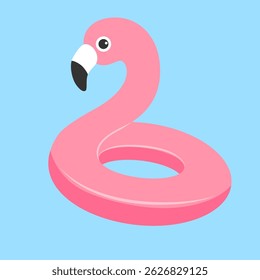 Pink inflatable flamingo in flat style on blue background. Vector illustration.