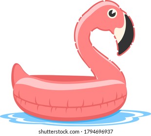 Pink inflatable flamingo floats on water on a white