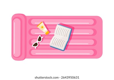 Colchão inflável rosa da piscina com acessórios de verão. Ícone de vetor flutuante isolado no plano de fundo branco.