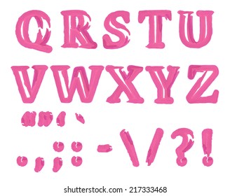Pink ink abc and punctuation set. Handwritten watercolor letters. Illustration made in vector.