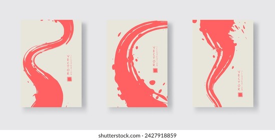 Pink ink brush stroke on color background. Japanese style. Vector illustration of grunge wave stains.Vector brushes illustration.