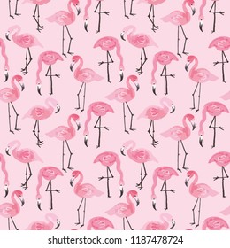 Pink ink flamingo set, tropical summer pattern vector illustration on color background
