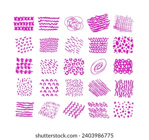 Pink ink lines and squiggles. Girly doodle brush strokes collection. Lines, brick, animal patterns