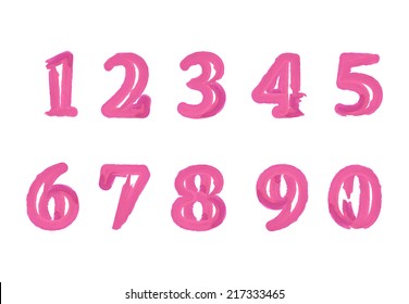 Pink ink numbers set. Handwritten watercolor symbols. Vector illustration.