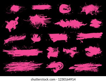 Pink ink splash spots big set isolated on black background. Art brushes pack. Vector illustration