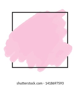 Pink ink spot. Digital vector watercolor splatter.  Rose color paint with frame. Template for wedding invitations, summer banners. Dry brush strokes background.