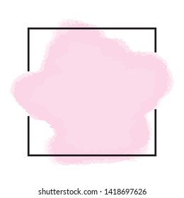 Pink ink spot. Digital vector watercolor splatter.  Rose color paint with frame. Template for wedding invitations, summer banners. Dry brush strokes background.
