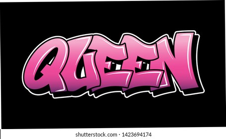 Pink inscription Queen Graffiti decorative lettering vandal street art free wild style on the wall city urban illegal action by using aerosol spray paint. Underground hip hop type vector illustration.