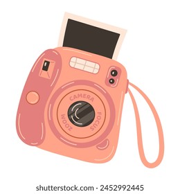 Dispositivo de cámara instantánea rosa con foto. Cámara de Fotografía dibujado a mano estilo plano de moda sobre fondo blanco. Icono para Sitios web o aplicaciones móviles. Flash y lente visibles. Ilustración vectorial