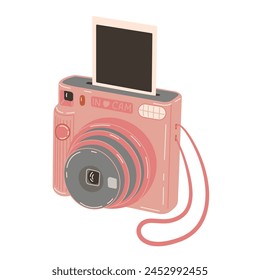 Pink Instant camera device with photo. Photography camera Hand drawn trendy flat style on white background. Icon for websites or mobile applications. Flash and lens visible. Vector illustration