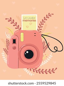 Pink Instant camera device with photo. Let's make memories. Cute vector illustration for greeting card