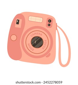 Dispositivo de cámara instantánea rosa. Cámara de Fotografía dibujado a mano estilo plano de moda sobre fondo blanco. Icono para Sitios web o aplicaciones móviles. Flash y lente visibles. Ilustración vectorial