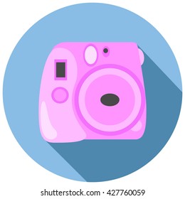 Pink Instant photo camera old school design vector illustration, hipster photocamera image, circle instant photo icon, pink instax in flat style on yellow,  photocamera in flat style image