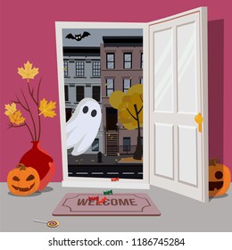 Pink interior of house, decorated for Halloween, pumpkins with faces in hallway, vase maple branches, candy on floor. door is open, Ghost looks inside from street with bat. Flat cartoon illustration.