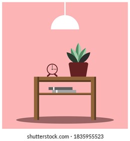 Pink interior. Table, clock, flower, book, lamp, chandelier. Poster, banner, post on instagram. Vector illustration.