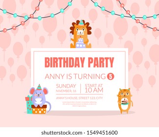 Pink invitation with background of balloons for a birthday party. Vector illustration.