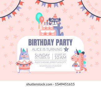 Pink invitation with background of stars for a birthday party. Vector illustration.