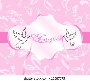 Pink invitation card, with love birds. Vector floral spotted texture. Grunge retro illustration background