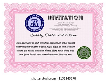 Pink Invitation. Cordial design. Customizable, Easy to edit and change colors. With guilloche pattern. 