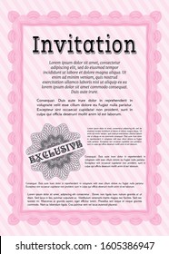 Pink Invitation. Good design. Vector illustration. With great quality guilloche pattern. 