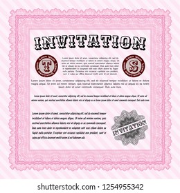 Pink Invitation. With great quality guilloche pattern. Vector illustration. Money design. 