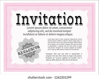 Pink Invitation. With guilloche pattern and background. Detailed. Cordial design. 