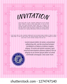 Pink Invitation. With guilloche pattern and background. Perfect design. Detailed. 