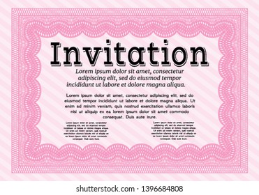 Pink Invitation. With guilloche pattern. Cordial design. Vector illustration. 