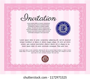 Pink Invitation. With guilloche pattern. Detailed. Good design. 