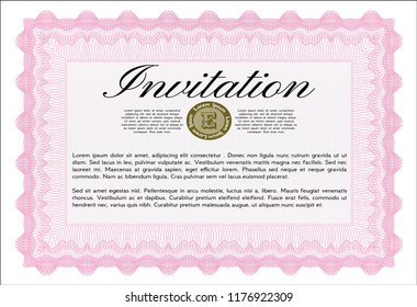 Pink Invitation. Modern design. Vector illustration. With great quality guilloche pattern. 