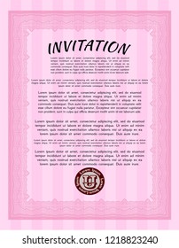 Pink Invitation. Nice design. With complex linear background. Detailed. 