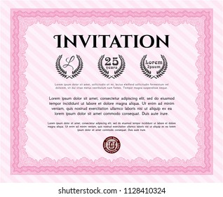 Pink Invitation. Printer friendly. Money Pattern design. Detailed. 