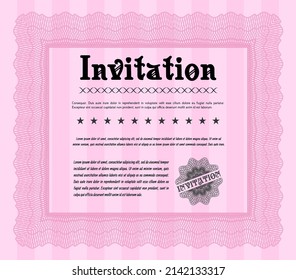 Pink Invitation template. Artistry design. With great quality guilloche pattern. Detailed. 