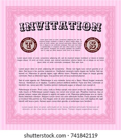 Pink Invitation template. With complex linear background. Detailed. Money Pattern. 