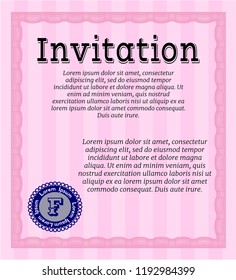 Pink Invitation template. Detailed. With great quality guilloche pattern. Money Pattern. 