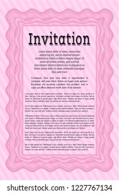 Pink Invitation template. Detailed. With great quality guilloche pattern. Retro design. 