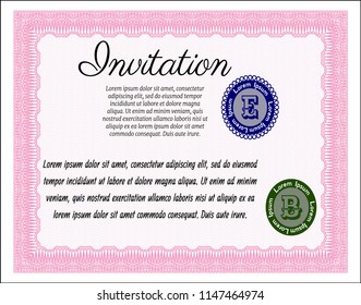 Pink Invitation template. Easy to print. Nice design. Detailed. 