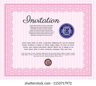 Pink Invitation template. Elegant design. With great quality guilloche pattern. Vector illustration. 