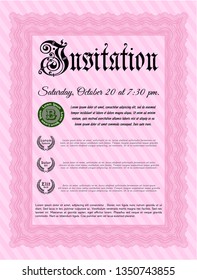 Pink Invitation template. Good design. Customizable, Easy to edit and change colors. With great quality guilloche pattern. 